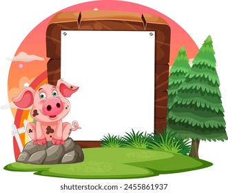 Cute piglet with blank sign in a forest setting.