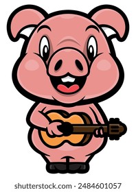 Niedliche Ferkel Cartoon Charaktere spielen Musik mit Ukulele Gitarren. Ideal für Aufkleber, Icon, Logo und Maskottchen mit Musik-Themen für Kinder