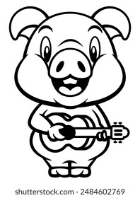 Cute Piglet cartoon characters playing music with ukulele guitars. Best for outline, icon, logo, and coloring book with music themes for kids