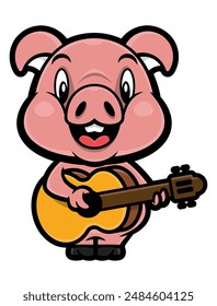 Cute Piglet cartoon characters playing music with acoustic guitars. Best for sticker, icon, logo, and mascot with music themes for kids