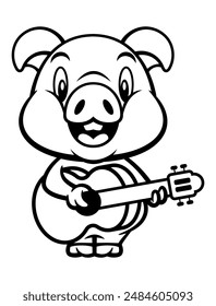 Cute Piglet cartoon characters playing music with acoustic guitars. Best for outline, icon, logo, and coloring book with music themes for kids