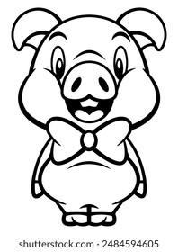 Cute Piglet cartoon characters wearing bowtie and greet. Best for coloring book, outline, logo, and coloring book with livestock products themes