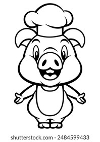 Cute Piglet cartoon characters wearing chef Hat and Apron. Best for outline, icon, logo, and coloring book with culinary themes for kids