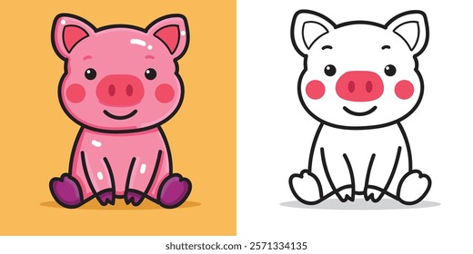 A cute piglet cartoon doll for the design element or coloring book element isolated on white background