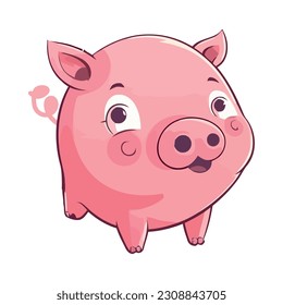 Cute piglet cartoon illustration, cheerful and smiling icon isolated