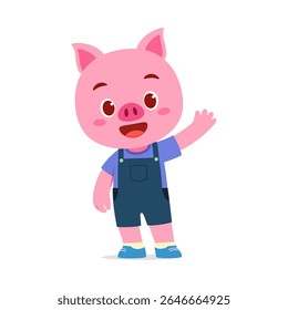 Desenho animado de leitão bonito acenando alegremente com uma expressão sorridente em pose de pé