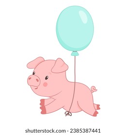 Cute piglet character flying with balloon. Hand drawn vector illustration isolated on white background. Funny Farm animal for kids