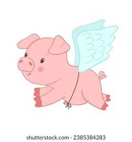 Cute piglet character flying with wings. Hand drawn vector illustration isolated on white background. Funny Farm animal for kids