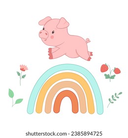 Cute piglet character jumping rainbow. Hand drawn illustration isolated on white background. Funny Farm animal for kids