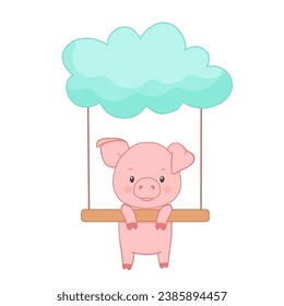 Cute piglet character on cloud. Hand drawn vector illustration isolated on white background. Funny Farm animal for kids