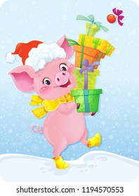 Cute Piglet for the Chinese New Year. The Yellow Earth Pig is a symbol of the approaching New 2019 year.
Symbol of Chinese horoscope. 
Happy 2019 New Year card. 