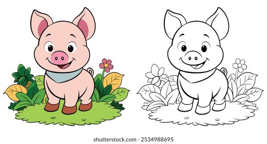 Cute Piglet Coloring Page For Kids Printable. Pink Piglet In Garden Cartoon Outline Vector. Animal Cartoon Illustration