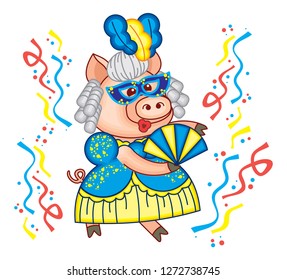 Cute piglet is dancing in carnival mask and beautiful blue gown. Funny holiday illustration.