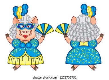 Cute piglet is dancing in carnival mask and beautiful blue gown. Funny holiday illustration.