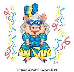 Cute piglet is dancing in carnival mask and beautiful blue gown. Funny holiday illustration.