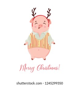 Cute piglet in deer horns isolated on white background. Happy pig going to Christmas party.