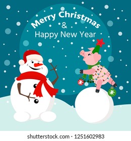 Cute piglet hanging Christmas tree toy and snownman. New Year Day design element. For greeting cards, leaflets, brochures, invitations, posters.