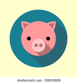 Cute piglet icon. Flat long shadow design. Animal icons series.