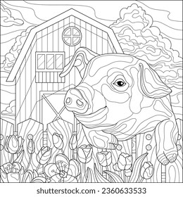 Cute piglet on the farm. Fence and flowers. Coloring book for adults, black and white vector illustration. Line art. sstkEaster