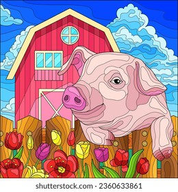 Cute piglet on the farm. Fence and flowers. Colorful bright illustration. Coloring book for children and adults.