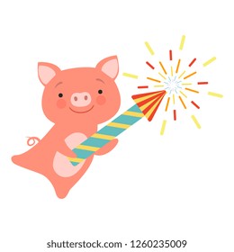 Cute piglet with a party popper, lovely cartoon animal character, design template can be used for New Year or Christmas, Birthday card, banner, poster, holiday decoration vector Illustration