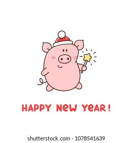 Cute piglet a Santa Claus hat with Bengal fire. Happy New Year card. It can be used for sticker, patch, phone case, poster, t-shirt, mug and other design.
