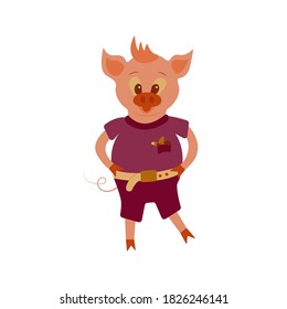 Cute piglet in shorts and a T-shirt. Smiling pig child. Animal book illustration. Colorful vector isolated in cartoon style