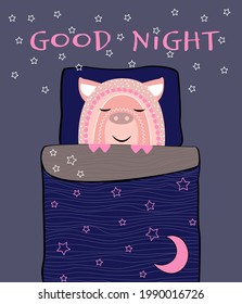 A cute piglet sleeps sweetly under a blanket. Pink face with pattern on blue background, vector illustration isolated, with an inscription quote. Baby print concept.
