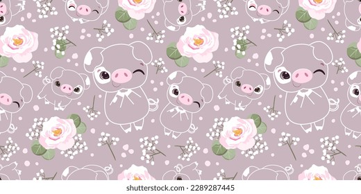 Cute piglet themed seamless pattern