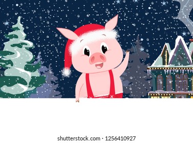 Cute piglet with village scene in background and copyspace. Christmas greeting card. For leaflets, brochures, invitations, posters or banners.