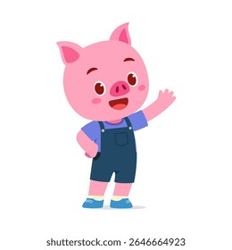 Bonito Leitão Acenando Olá e Vestir macacão com expressão alegre no estilo de desenhos animados
