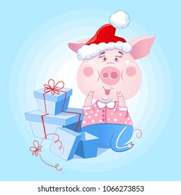 The cute piglet wearing in santa hat with gift boxex. Vector illustration of symbol 2019 years.