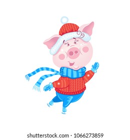 The cute piglet in winter's clothes  on skates. Vector illustration of symbol 2019 years.
