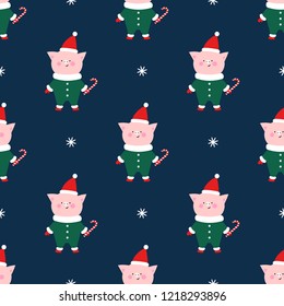 Cute piglet with xmas hat and snowflakes seamless pattern on dark blue background. Vector xmas illustration for kids. Symbol of 2019 year. Chinese New Year of pig.