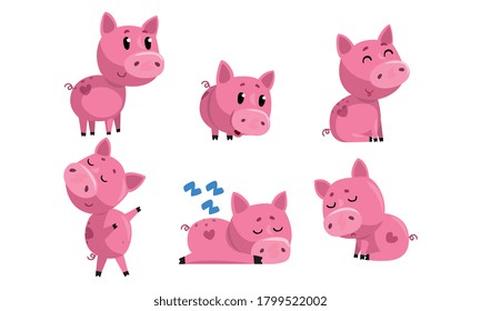 Cute Piglets Collection, Cute Funny Pink Pigs Cartoon Characters in Different Poses Vector Illustration