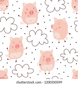 Cute piglets on seamless vector background.
