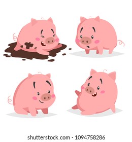 Cute piglets set. Little pig in puddle, surprised, sitting and relaxing. Cartoon flat design farm animals collection. Vector illustration for education or other needs isolated on white background.