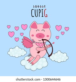 Cute pig,piglet cupid shoots a bow above cloud decorated with hearts and funny text'' LOVELY CUPIG'' on sky blue background. 