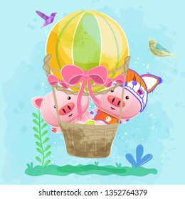 cute pigs with air balloon. Can be used for kids/babies shirt design, fashion print design,t-shirt, kids wear,textile design,celebration card/ greeting card, invitation card - Vector