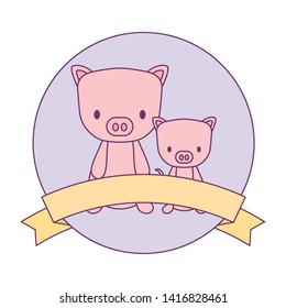 cute pigs animals in frame circular with ribbon