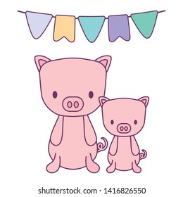 cute pigs animals with garlands party hanging