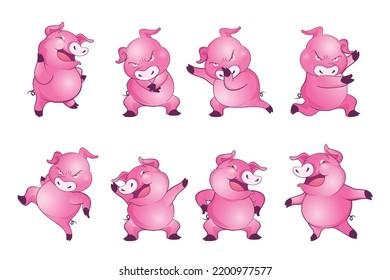 Cute pigs cartoon character cheerful funny dancing many actions