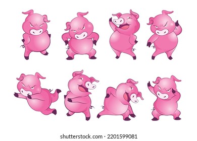 Cute pigs cartoon character cheerful funny dancing many actions