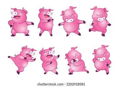 Cute pigs cartoon character cheerful funny dancing many actions