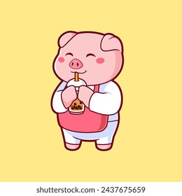 Cute Pigs Cartoon Drinking Boba Milk Tea Vector Icon Illustration. Flat Cartoon Style Vector Mascot.