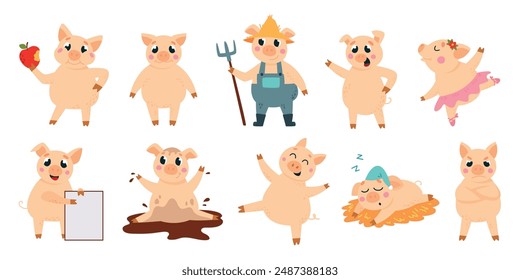 Cute pigs. Cartoon funny pigs in different poses. Animals sleep dancing eating welcomes and rejoice. Childish mascots, farm animal classy vector set