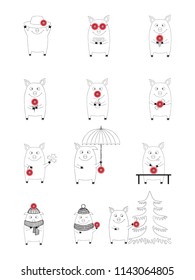 Cute pigs in cartoon linear style with realistic pink button detail. Combination of object and drawing. Vector illustration. Pigs produce actions at different times. 2019 Chinese new year symbol.
