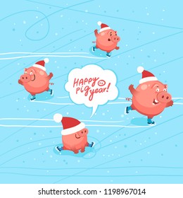 Cute pigs celebrate happy new year 2019. Ice skating party of funny pigs. Hand drawn Lettering "Happy Pig Year". Vector flat illustration