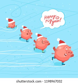 Cute pigs celebrate happy new year 2019. Ice skating party of funny pigs. Hand drawn Lettering Happy Pig Year. Vector illustration