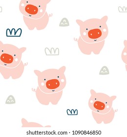 Cute pigs characters pink seamless pattern. Pig character doodle